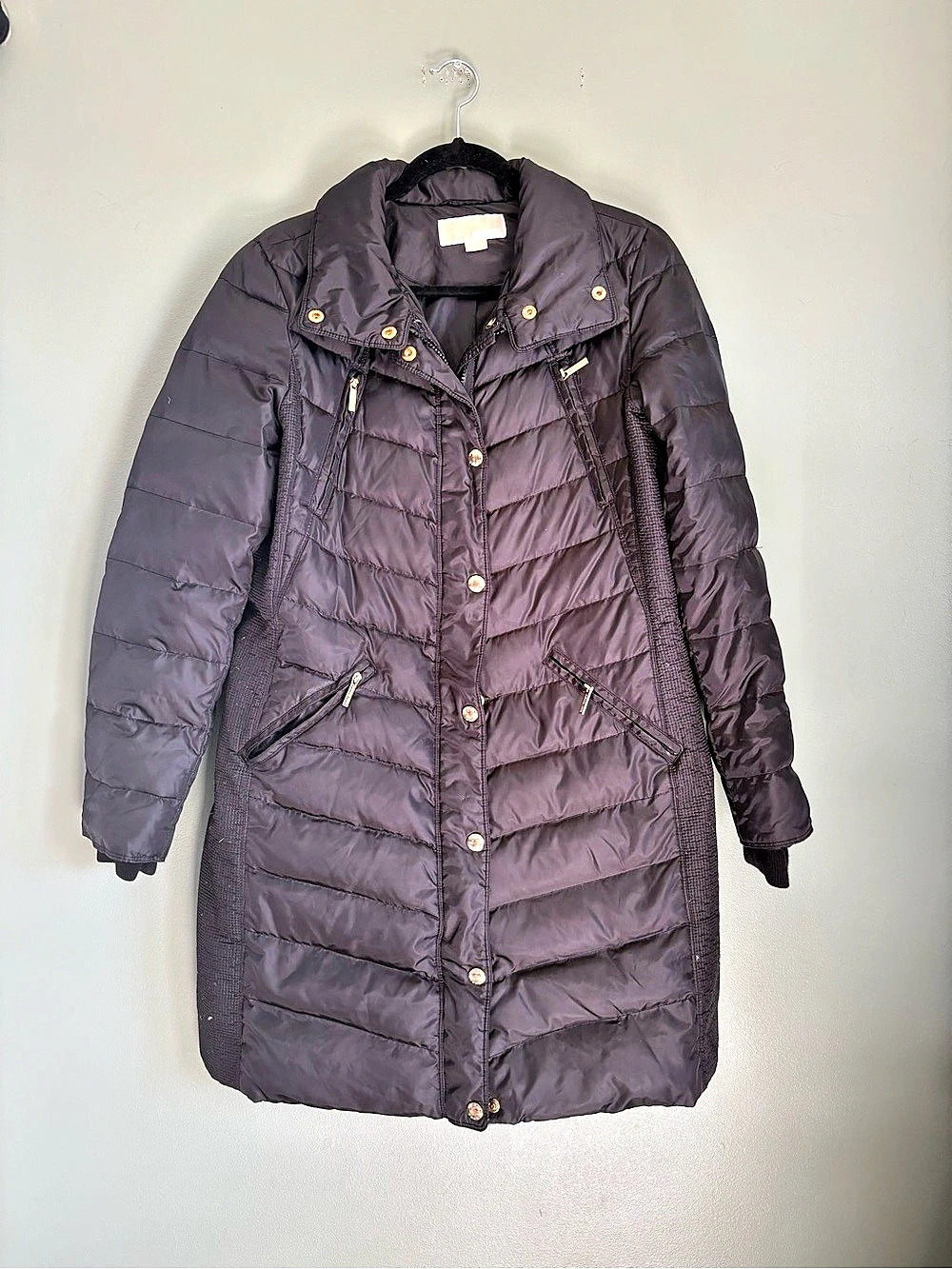 Michael Michael Kors Black Long Quilted Down Puffer Coat Women's M Flaw